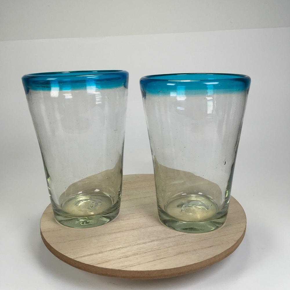 Hand Blown Glass Tumblers Set of 2 Teal Rim